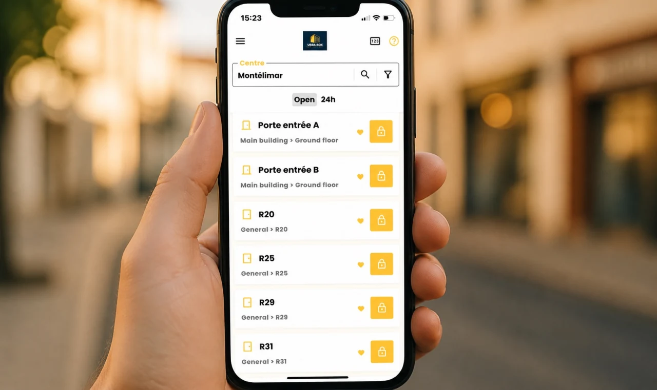 Application Urbabox sur smartphone, sélection de box et déverrouillage par clé numérique