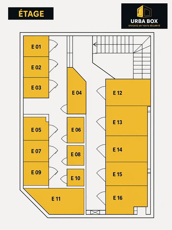 Plan de l’étage Urbabox : 16 boxes Eco Étage en jaune accessibles par escalier intérieur.